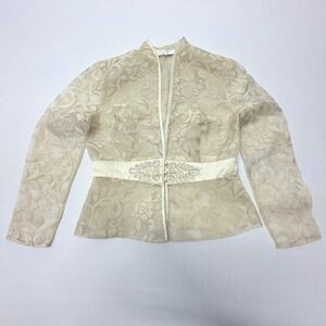 Ever Beauty Petite Floral Burnout Organza Jacket Cream Soutache Pearl Button 8P